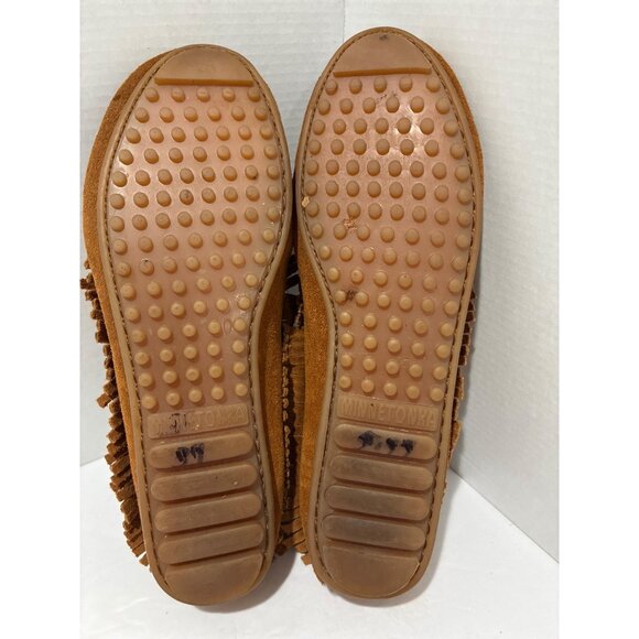 Minnetonka Fringe Moccasin Flats Leather Booties Women's 8.5 Brown Suede Studded - Picture 5 of 7